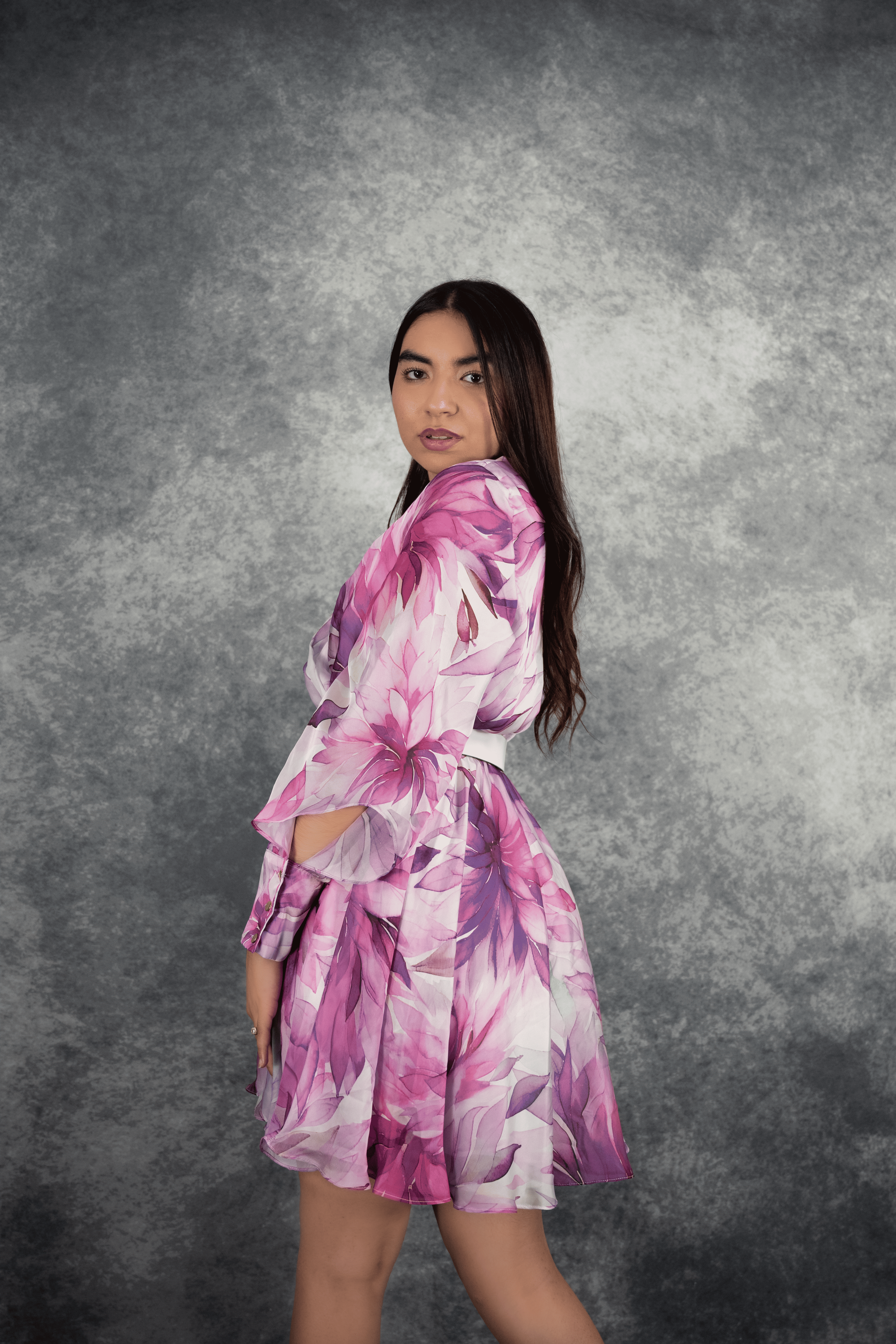 Robe fleurie évasée manches longues, robe avec ceinture, robe femme