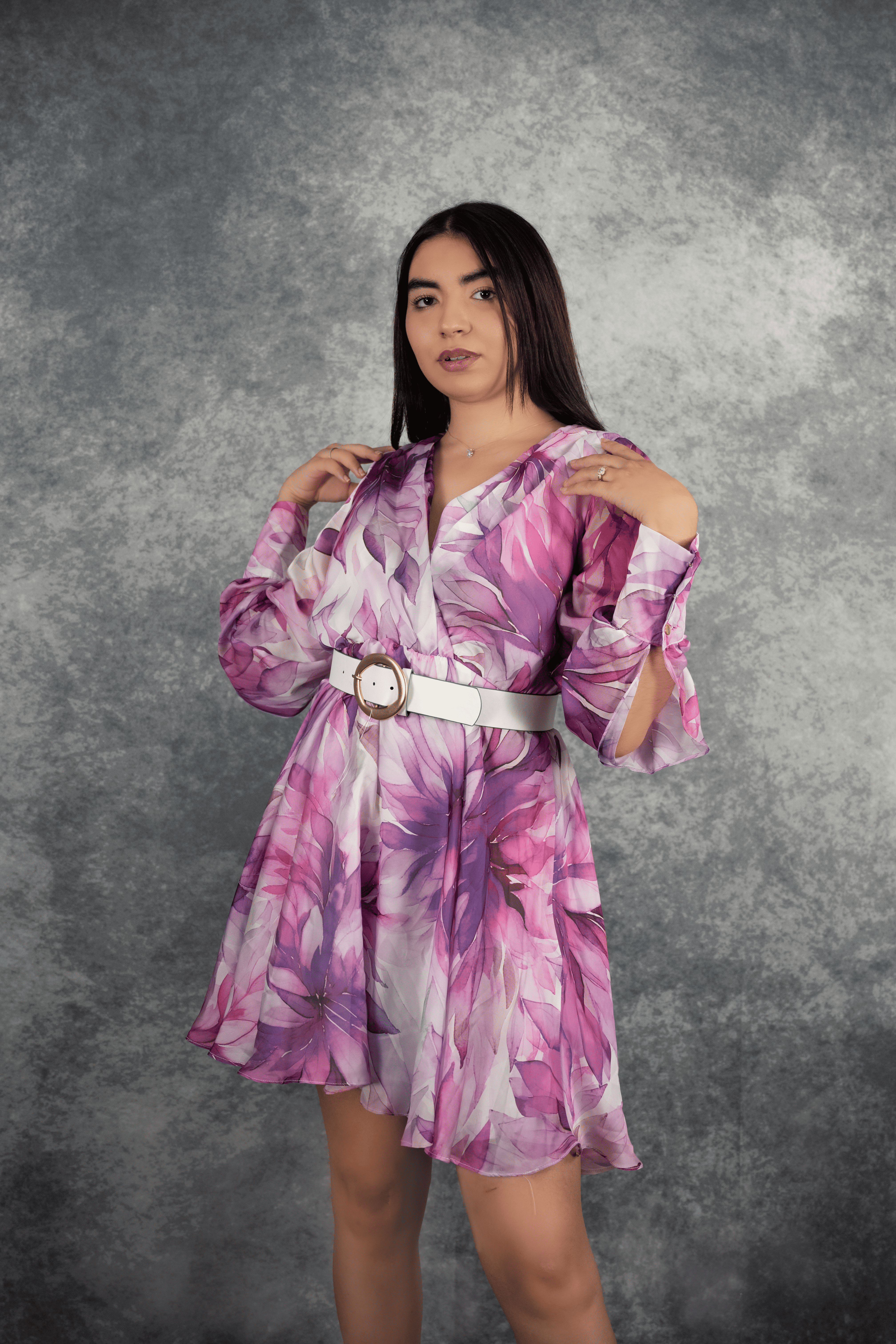 Robe fleurie évasée manches longues, robe avec ceinture, robe femme