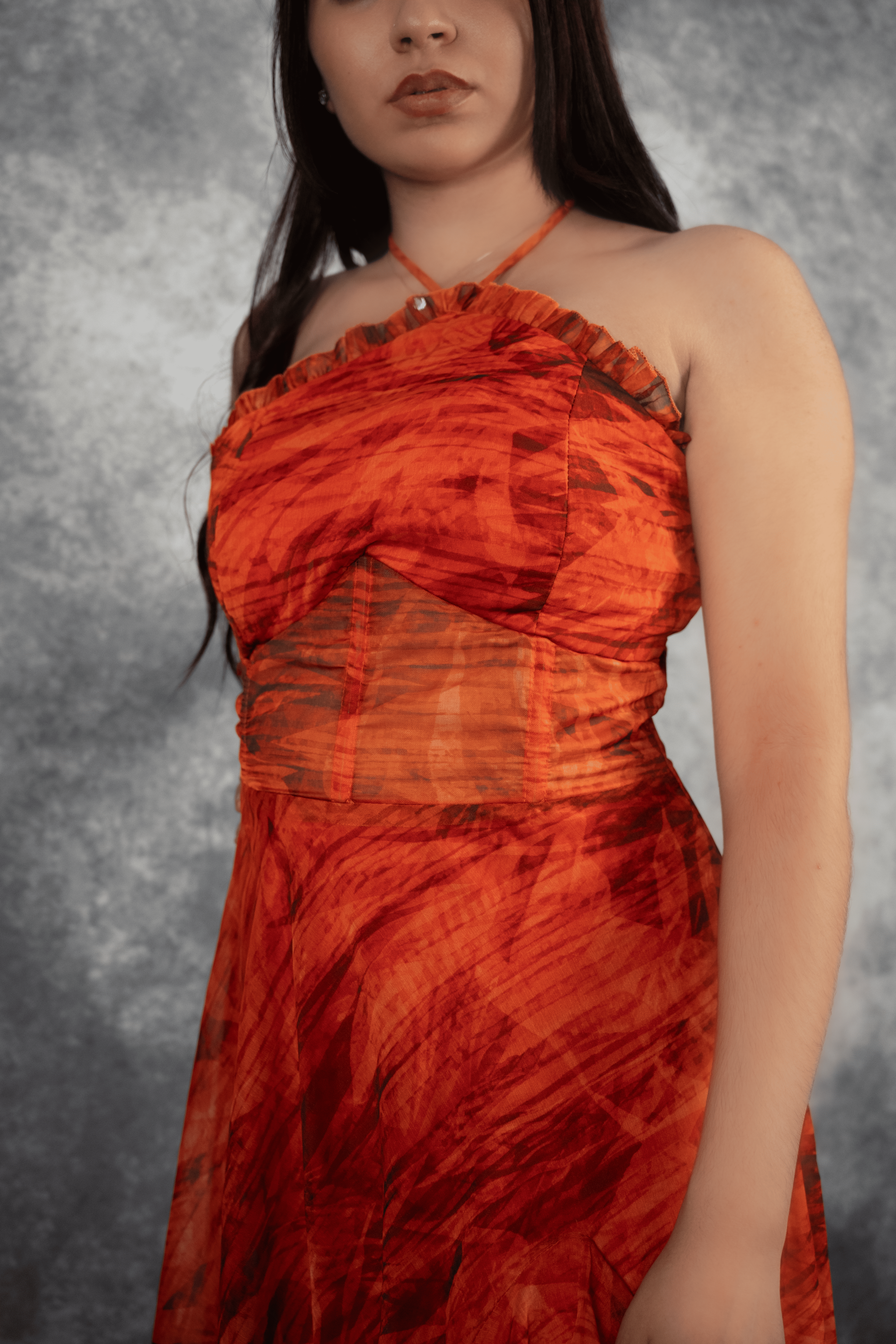 Robe longue bustier orange avec fente, robe longue femme