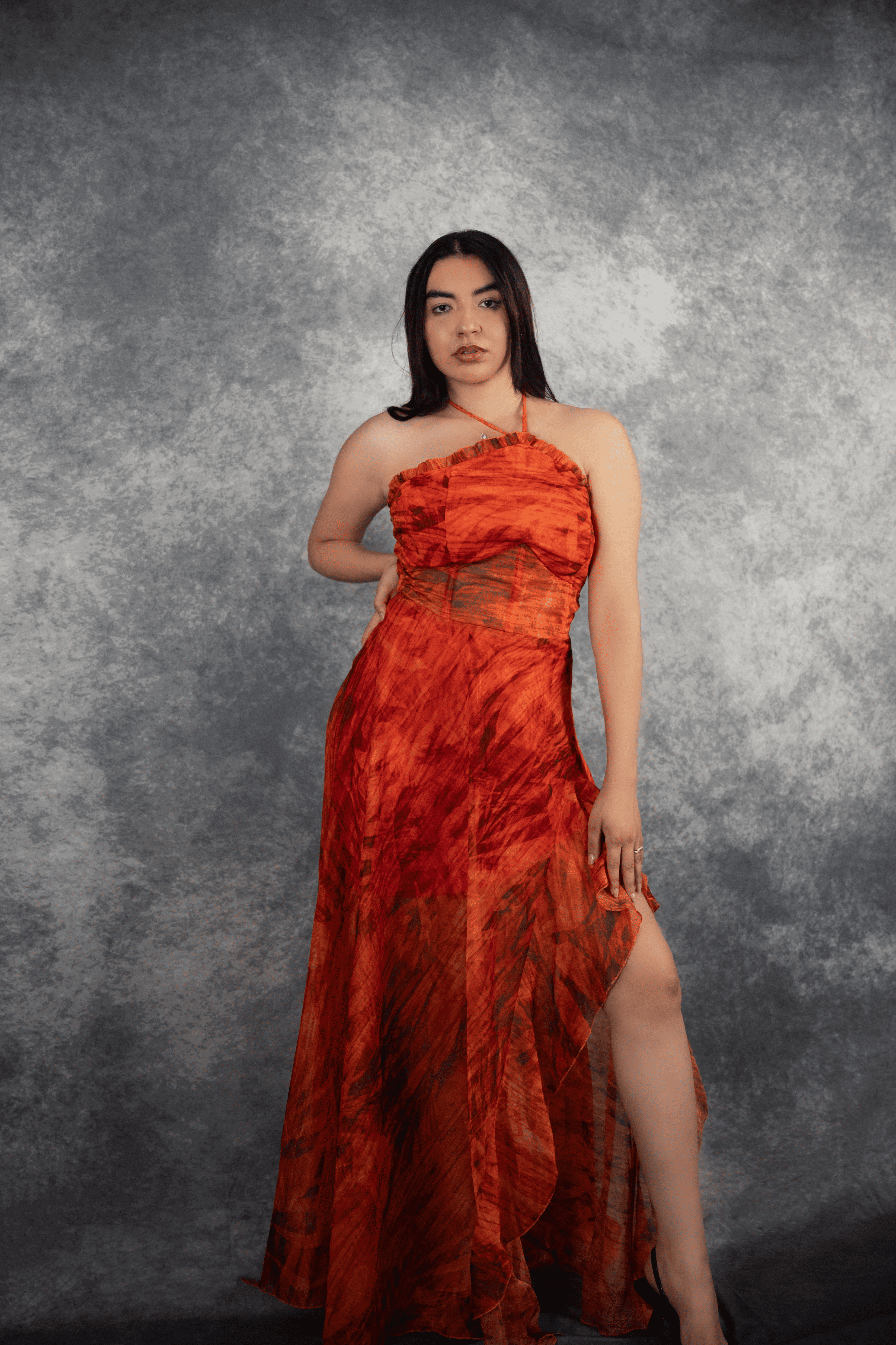 Robe longue bustier orange avec fente, robe longue femme
